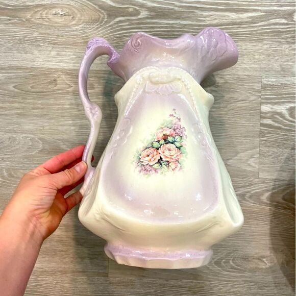 1960s Victorian Ironstone Green Hand Painted Pitcher Basin Set 2 Pieces USA made - Picture 2 of 12